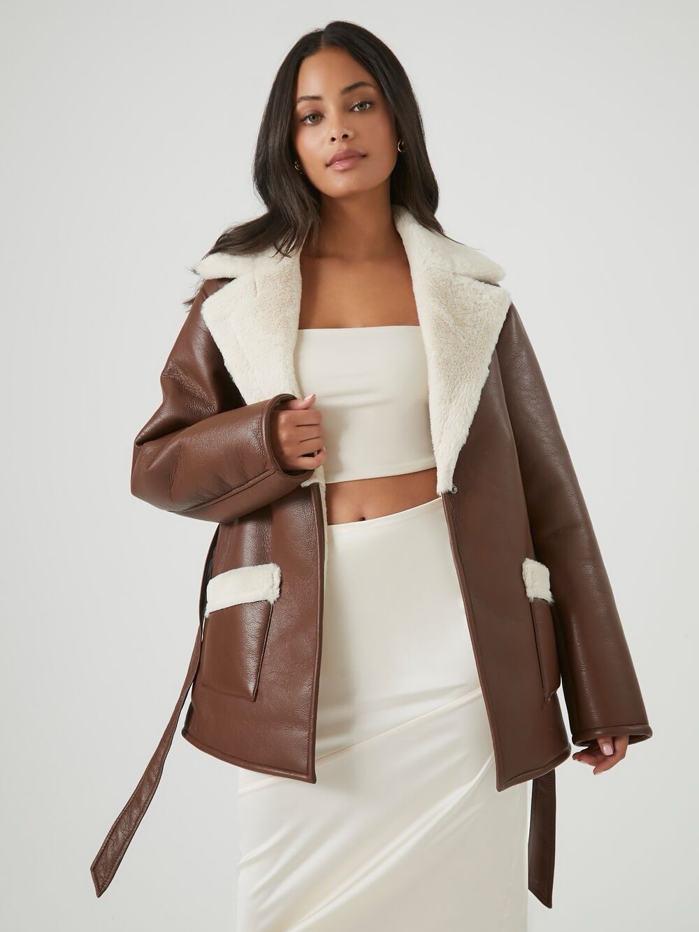Forever 21 Brown Faux-Leather Jacket with Cream Shearling Collar